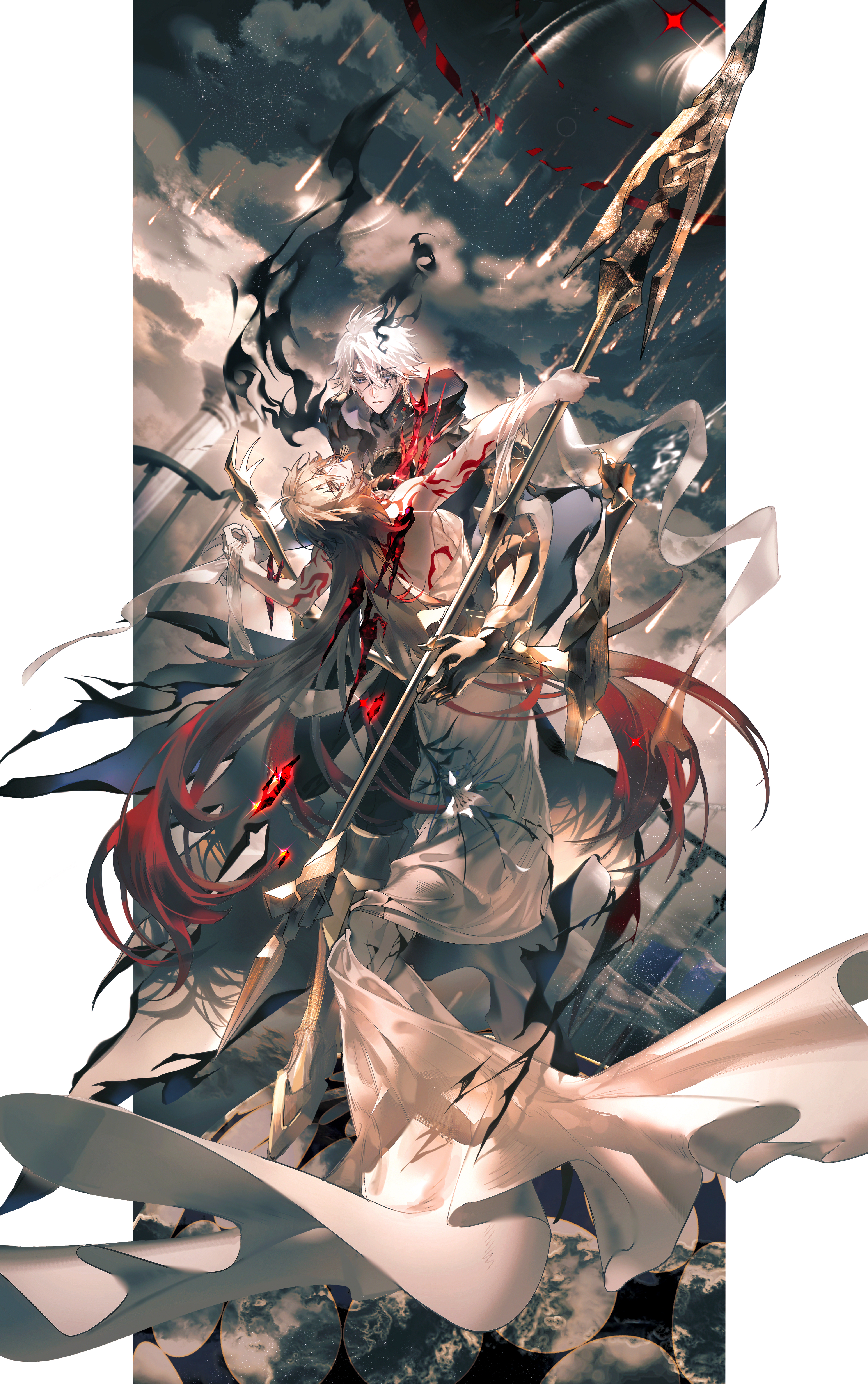 huuuhjjj, flame reaver of the deepest dark, mydei (honkai: star rail), phainon (honkai: star rail), honkai: star rail, honkai (series), absurdres, chinese commentary, commentary request, highres, 2boys, antenna hair, arm tattoo, black cloak, blonde hair, blue eyes, braid, chest tattoo, cloak, cracked skin, crystal, earrings, facial tattoo, gold earrings, gradient hair, hair between eyes, holding, holding polearm, holding weapon, hood, hood down, hooded cloak, jewelry, male focus, material growth, medium hair, multicolored hair, multiple boys, parted bangs, polearm, red hair, red tattoo, robe, short hair, side braid, tattoo, weapon, white hair, white robe, yaoi, yellow eyes