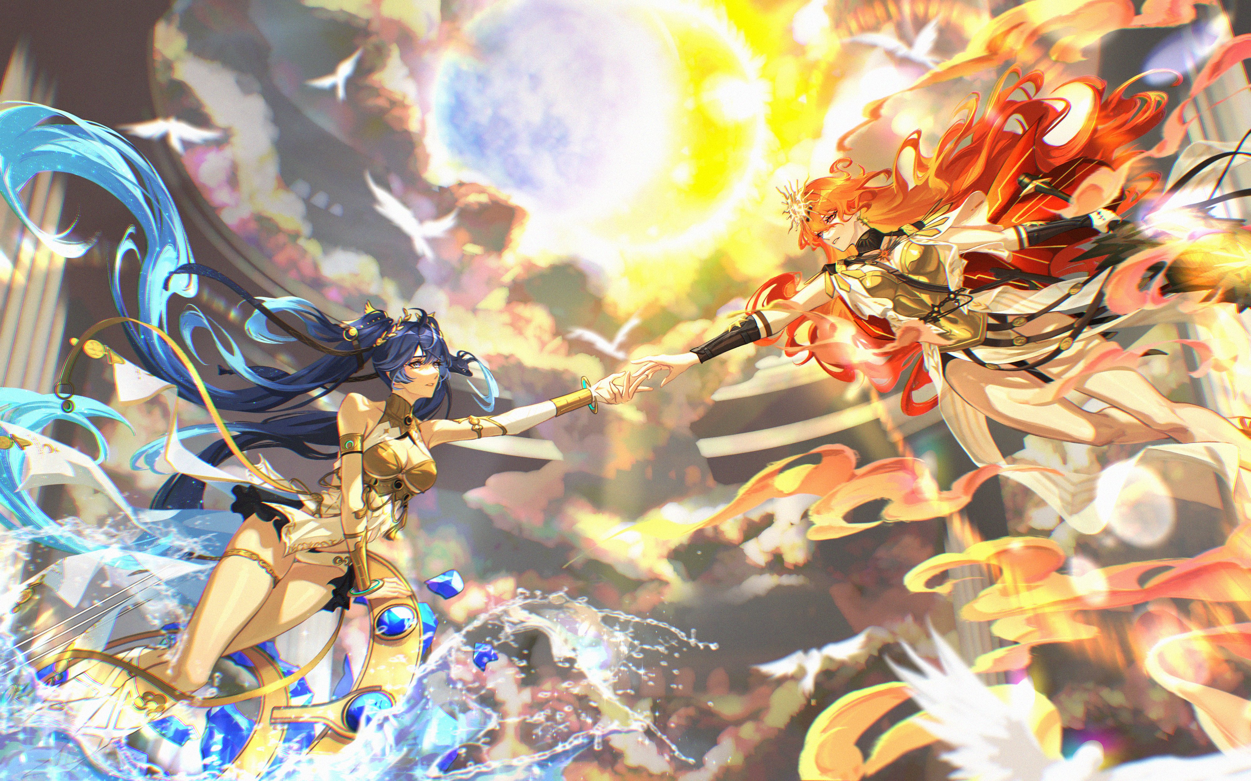 ngkhyn, augusta (wuthering waves), iuno (wuthering waves), wuthering waves, absurdres, commentary, highres, revision, symbol-only commentary, 2girls, ancient greek clothes, arm armor, armlet, armor, bare legs, bare shoulders, black collar, blue eyes, blue hair, breastplate, breasts, cleavage, collar, eye contact, gold bra, gradient hair, greatsword, greco-roman clothes, hair between eyes, head wreath, holding, holding sword, holding weapon, jewelry, legs, long hair, looking at another, medium breasts, multicolored hair, multiple girls, orange hair, parted lips, reaching, reaching towards another, red eyes, sword, tacet mark (wuthering waves), thighlet, thighs, very long hair, weapon