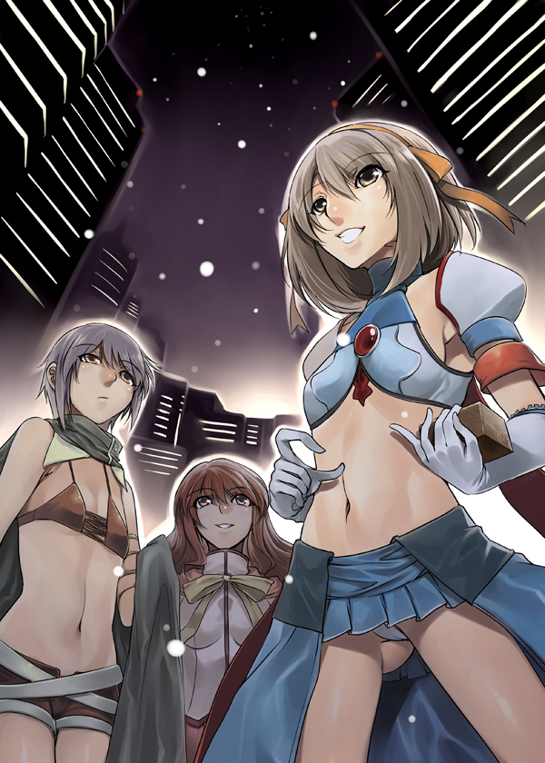 mizuryu kei, asahina mikuru, nagato yuki, superheroine haruhi, suzumiya haruhi, thief nagato, suzumiya haruhi no tomadoi, suzumiya haruhi no yuuutsu, silver hair, 00s, 3girls, alternate costume, bikini, bikini top only, bow, brown eyes, brown hair, city, elbow gloves, fantasy, flat chest, gloves, hairband, long hair, midriff, multiple girls, night, panties, pantyshot, pink eyes, short hair, shorts, smile, star (sky), star (symbol), swimsuit, underwear, white panties
