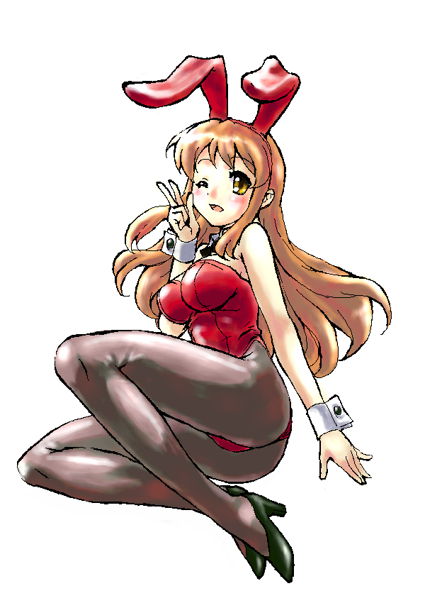 fujimoto satoru, asahina mikuru, suzumiya haruhi no yuuutsu, 00s, 1girl, animal ears, breasts, fake animal ears, female focus, full body, leotard, pantyhose, playboy bunny, rabbit ears, simple background, solo