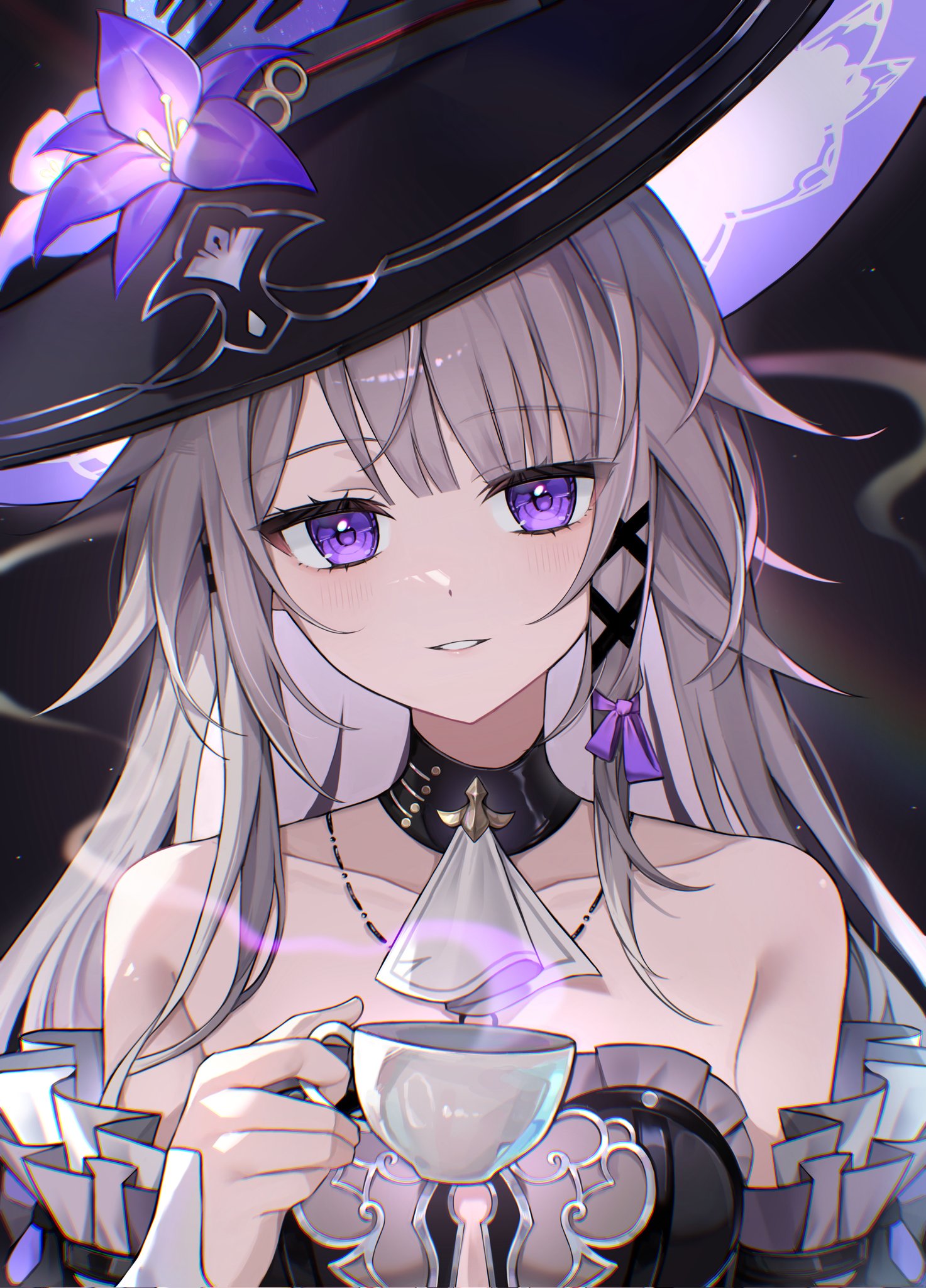 herta (honkai: star rail), the herta (honkai: star rail), honkai: star rail, honkai (series), hashtag-only commentary, highres, 1girl, ascot, bare shoulders, black background, black choker, black dress, black hat, blush, breasts, choker, collarbone, cup, detached sleeves, dress, flower, grey hair, hand up, hat, holding, holding cup, jewelry, key, key necklace, kom376986, light particles, long hair, looking at viewer, necklace, parted lips, purple eyes, purple flower, small breasts, solo, strapless, strapless dress, upper body, white ascot, witch hat