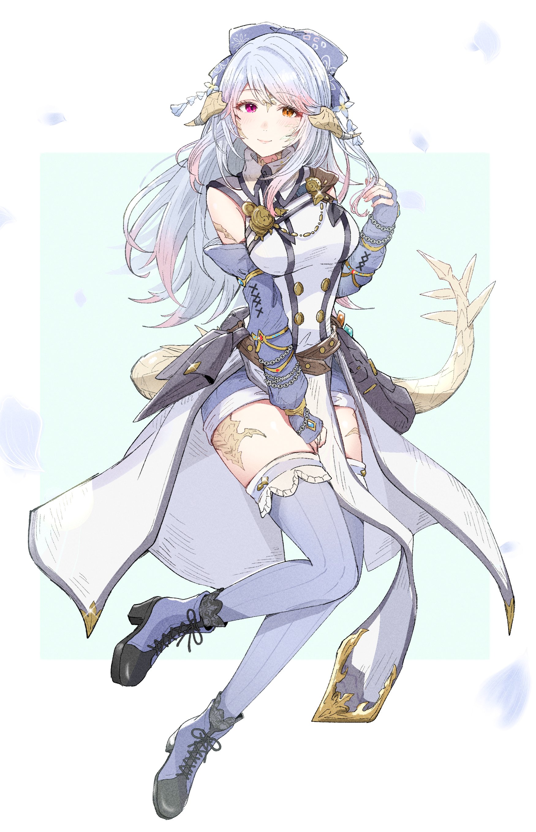mokokoiro, warrior of light (ff14), final fantasy, final fantasy xiv, absurdres, commission, highres, skeb commission, 1girl, au ra, blue shorts, blue sleeves, blue thighhighs, boots, bow, breasts, coat, detached sleeves, dragon girl, dragon horns, dragon tail, gradient hair, grey hair, hair bow, heterochromia, high heel boots, high heels, horns, long hair, looking at viewer, multicolored hair, pink hair, red eyes, scales, shorts, sleeveless, sleeveless coat, solo, tail, thighhighs, white coat, yellow eyes