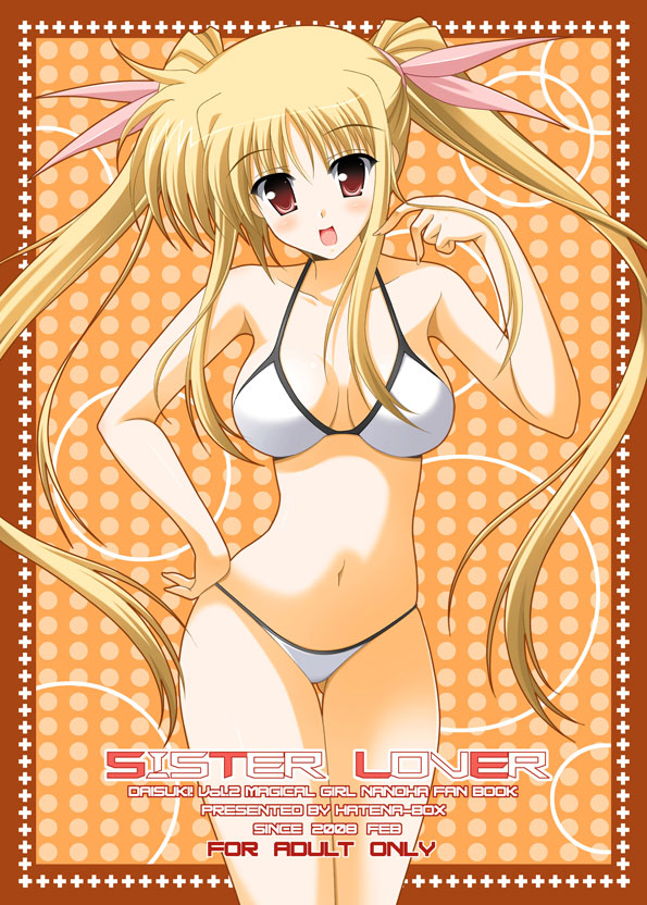 oda ken'ichi, fate testarossa, lyrical nanoha, mahou shoujo lyrical nanoha, mahou shoujo lyrical nanoha strikers, 00s, 1girl, bikini, blonde hair, blush, breasts, cleavage, female focus, large breasts, long hair, red eyes, solo, swimsuit, twintails, very long hair, white bikini