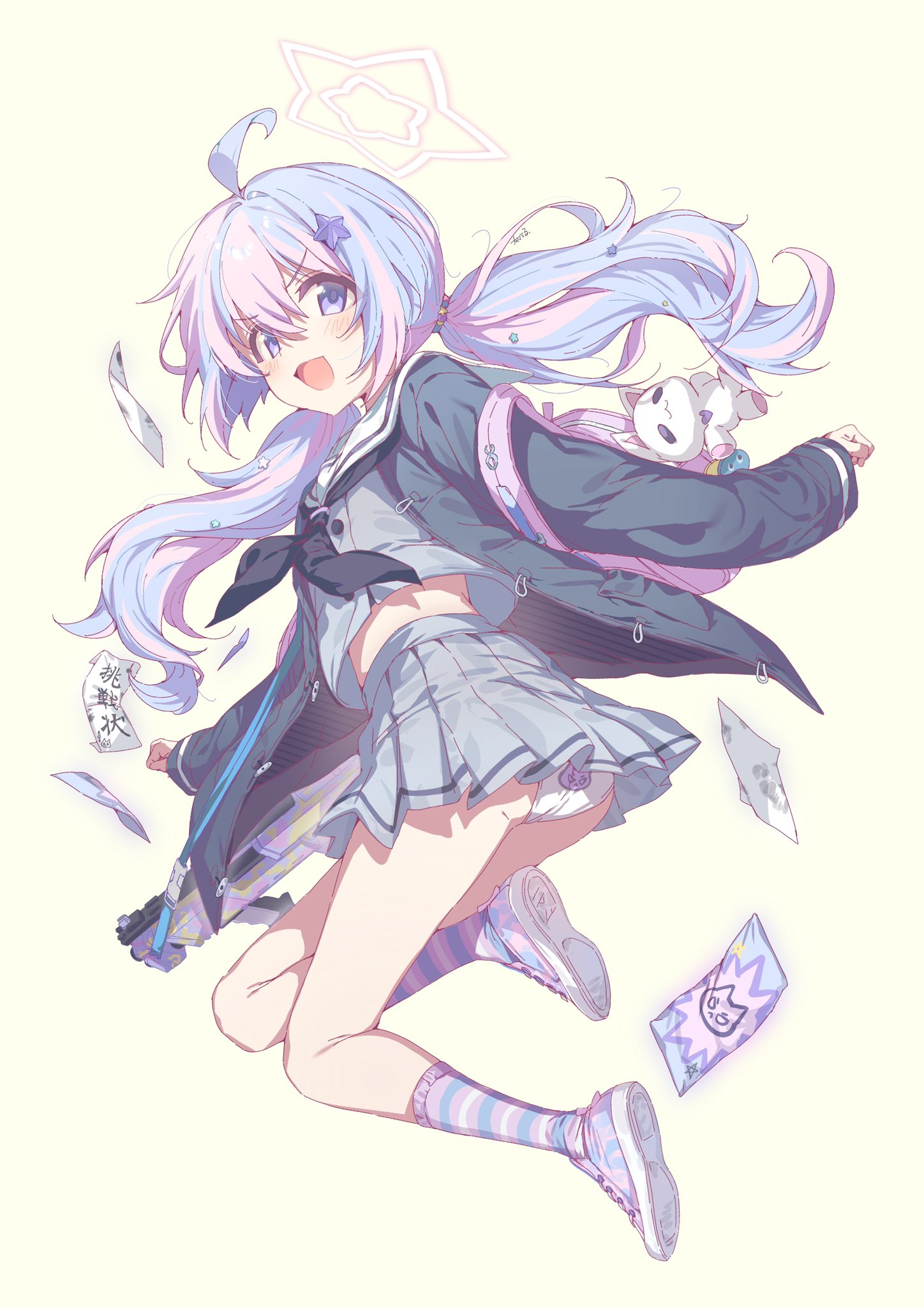 youguo naberu, reisa (blue archive), blue archive, commentary, highres, symbol-only commentary, 1girl, :d, beads, black neckerchief, blush, full body, grey serafuku, grey skirt, hair beads, hair ornament, halo, long hair, looking at viewer, low twintails, neckerchief, open mouth, panties, pink hair, pink halo, pink shoes, pink socks, sailor collar, school uniform, serafuku, shoes, simple background, skirt, smile, socks, solo, star (symbol), star hair ornament, star halo, striped clothes, striped socks, twintails, underwear, white panties, white sailor collar, yellow background