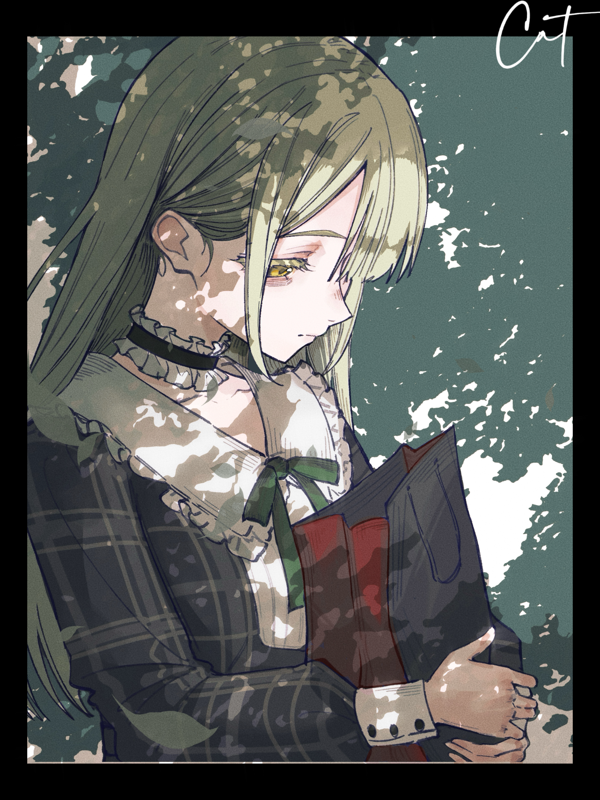 huaxue maomi, wakaba mutsumi, bang dream!, bang dream! it's mygo!!!!!, absurdres, chinese commentary, commentary request, highres, 1girl, bag, black border, border, choker, closed mouth, collared dress, dress, frilled choker, frills, green hair, green ribbon, holding, holding bag, long hair, long sleeves, looking down, neck ribbon, ribbon, sidelocks, signature, solo, upper body, yellow eyes