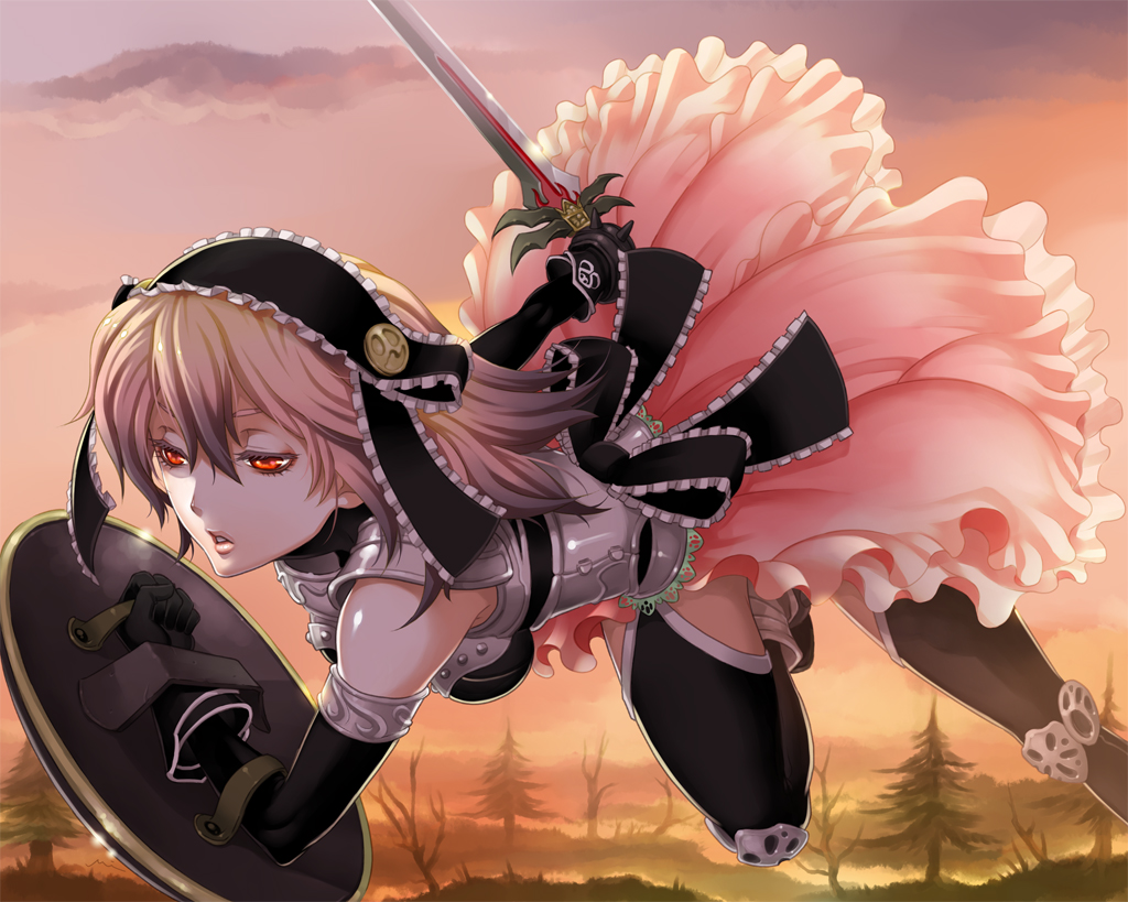 miogrobin, fantasy earth zero, 1girl, armor, female focus, outdoors, red eyes, shield, sky, solo, sword, thighhighs, tree, weapon