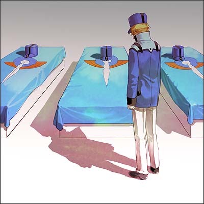 graham aker, gundam, gundam 00, memento (movie), uniform, lowres, 00s, 1boy, blue hat, coffin, flag, funeral, gloves, hat, male focus, pants, solo, white gloves, white pants