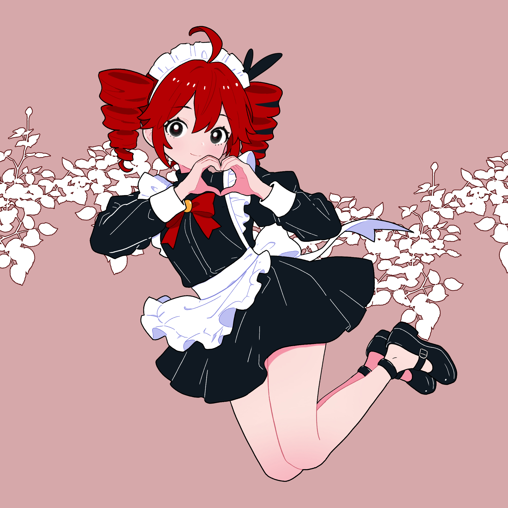 mr235, kasane teto, utau, commentary request, highres, 1girl, ahoge, apron, back bow, black dress, black eyes, black ribbon, black shoes, bow, bowtie, dress, drill hair, frilled apron, frilled hairband, frills, full body, hair ribbon, hairband, heart, heart hands, looking at viewer, maid, maid apron, maid headdress, pink background, red bow, red bowtie, red hair, ribbon, shoes, solo, twin drills, white apron