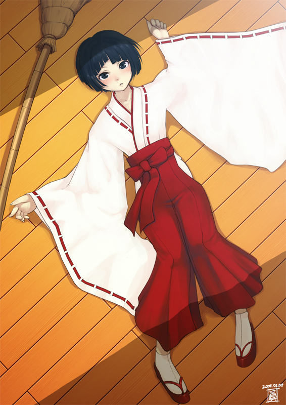 mahito, original, 1girl, broom, female focus, hakama, hakama skirt, japanese clothes, lying, miko, on back, on floor, red hakama, short hair, skirt, solo, tabi, wooden floor