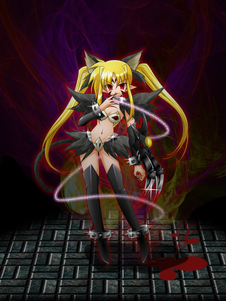 fate testarossa, lyrical nanoha, mahou shoujo lyrical nanoha, non-web source, 00s, 1girl, alternate color, alternate costume, alternate weapon, animal ears, blonde hair, claws, dark persona, detached sleeves, female focus, long hair, midriff, pointy ears, red eyes, solo, thighhighs, twintails, weapon