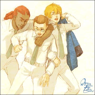 daryl dodge, graham aker, howard mason, gundam, gundam 00, lowres, 00s, 3boys, :d, ;o, ^ ^, belt, blonde hair, brown hair, closed eyes, dark-skinned male, dark skin, green necktie, hug, long hair, long sleeves, male focus, multiple boys, muscular, necktie, one eye closed, open mouth, pants, ponytail, red hair, shirt, simple background, smile, white background, white shirt, white theme, wince