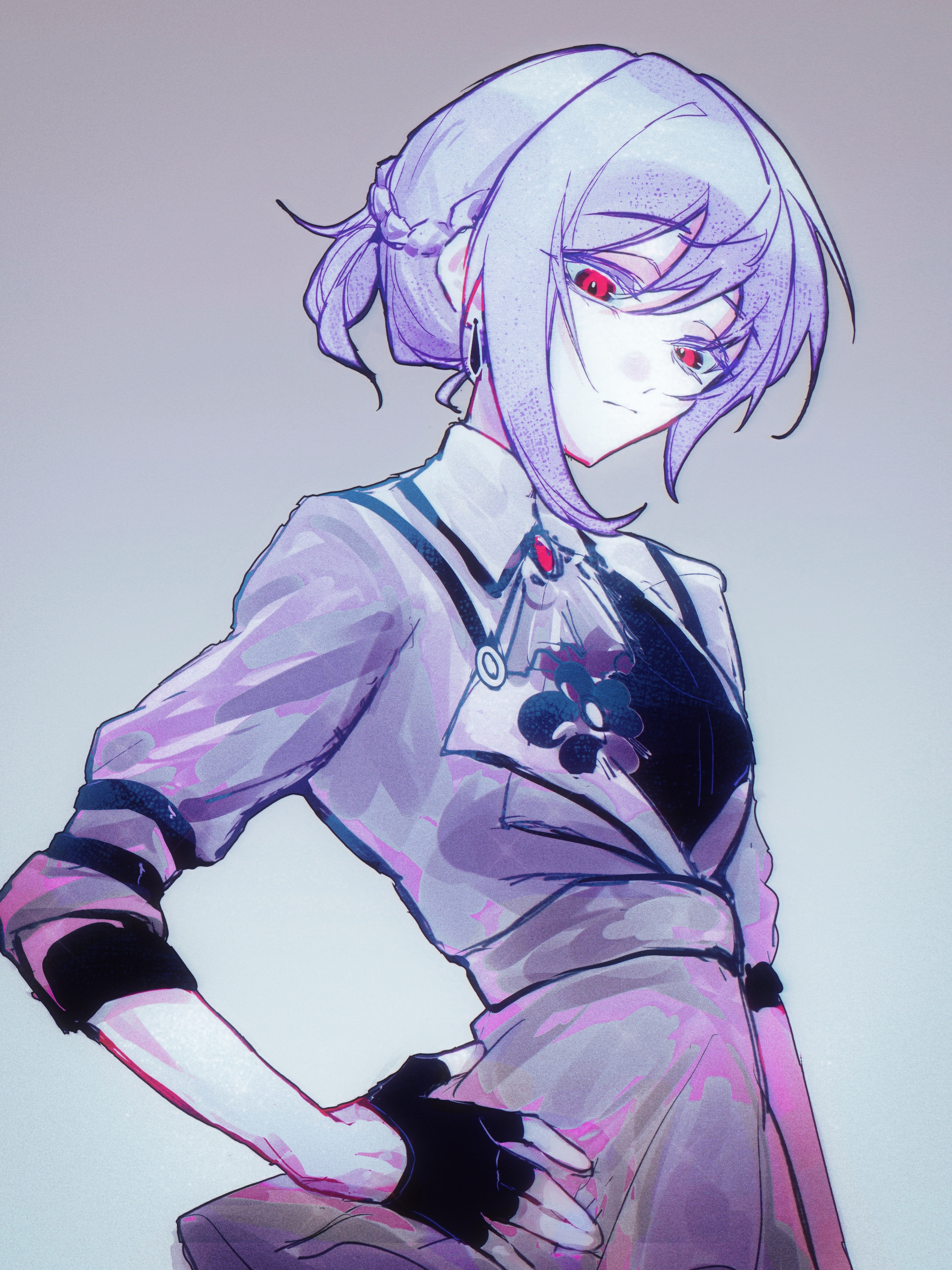 youren117, yuutenji nyamu, bang dream!, bang dream! it's mygo!!!!!, absurdres, chinese commentary, commentary request, highres, 1girl, black gloves, closed mouth, collared dress, cowboy shot, dress, earrings, fingerless gloves, gloves, gradient background, grey background, grey dress, hand on own hip, jewelry, looking at viewer, ponytail, purple hair, red eyes, short hair, short ponytail, solo, standing