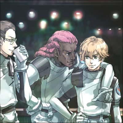 daryl dodge, graham aker, howard mason, gundam, gundam 00, uniform, lowres, 00s, 3boys, arm around shoulder, belt, blonde hair, blurry, brown hair, cup, dark-skinned male, dark skin, dreadlocks, drinking, glasses, gloves, green eyes, hair between eyes, hand on own hip, holding, holding cup, leaning forward, long hair, looking at another, male focus, multiple boys, profile, smile, upper body, white gloves