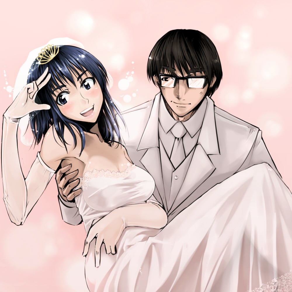 cosaten, hanai haruki, suou mikoto (school rumble), school rumble, 00s, 1boy, 1girl, bare shoulders, black hair, blue eyes, blue hair, blush, bridal veil, bride, carrying, dress, elbow gloves, glasses, gloves, happy, princess carry, purple hair, short hair, smile, tuxedo, veil, wedding, wedding dress