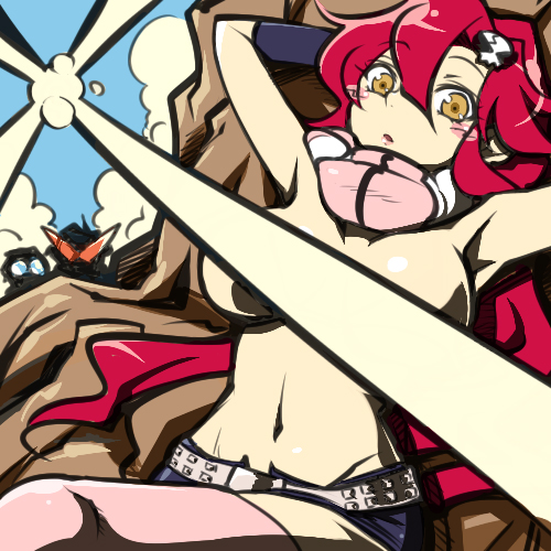 hairu, kamina (ttgl), simon (ttgl), yoko littner, tengen toppa gurren lagann, lowres, 00s, 1girl, 2boys, blush, censored, censored nipples, convenient censoring, kamina shades, long hair, multiple boys, red hair, thighhighs, topless female, triangular eyewear, yellow eyes