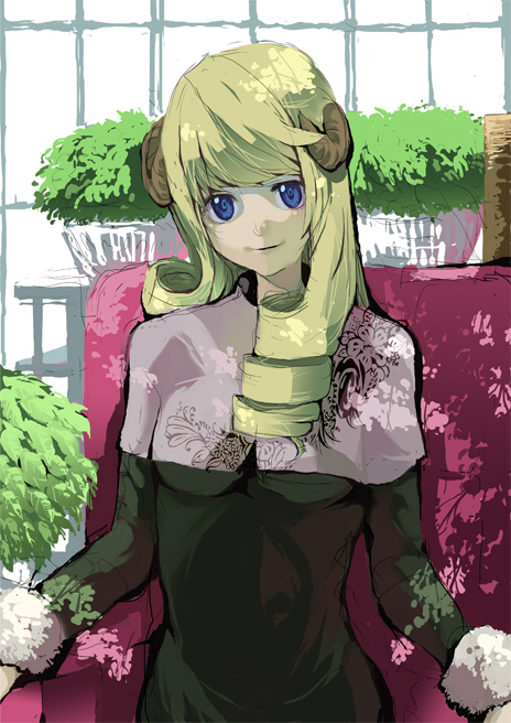 palmeros, original, blonde hair, blue eyes, dress, drill hair, horns, plant, solo