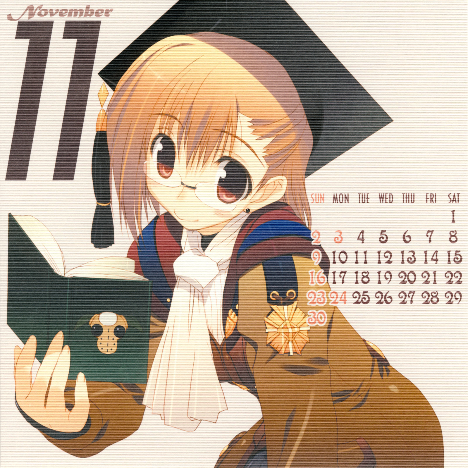 amazuyu tatsuki, scholar (final fantasy), final fantasy, final fantasy xi, highres, 00s, 1girl, 2008, brown eyes, brown hair, calendar, female focus, glasses, hume, november, short hair, solo