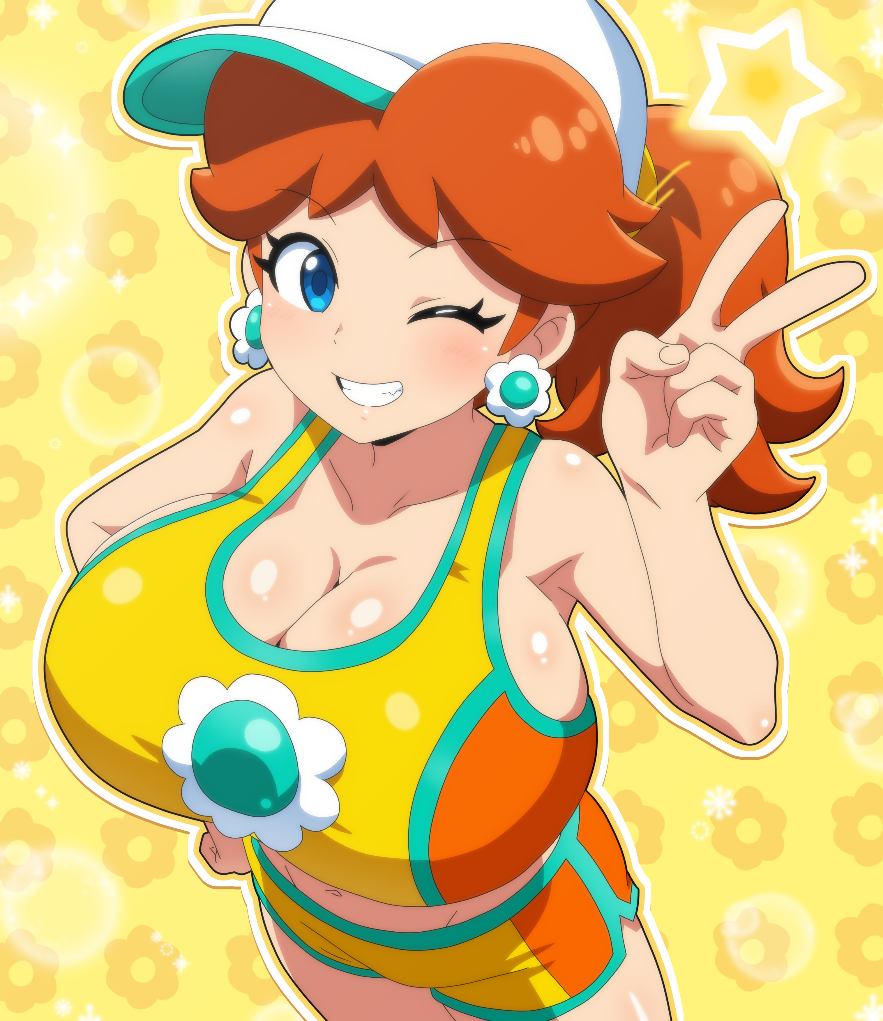 hitokiwa kenchin, princess daisy, mario (series), mario kart, mario kart world, nintendo, absurdres, highres, breasts, brown hair, navel, swimsuit, tomboy