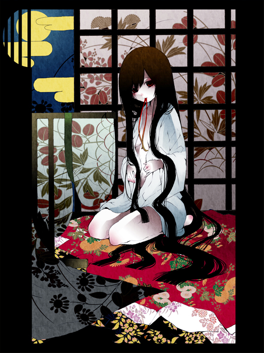 palmeros, original, 1girl, egasumi, female focus, japanese clothes, lace, long hair, solo, undressing