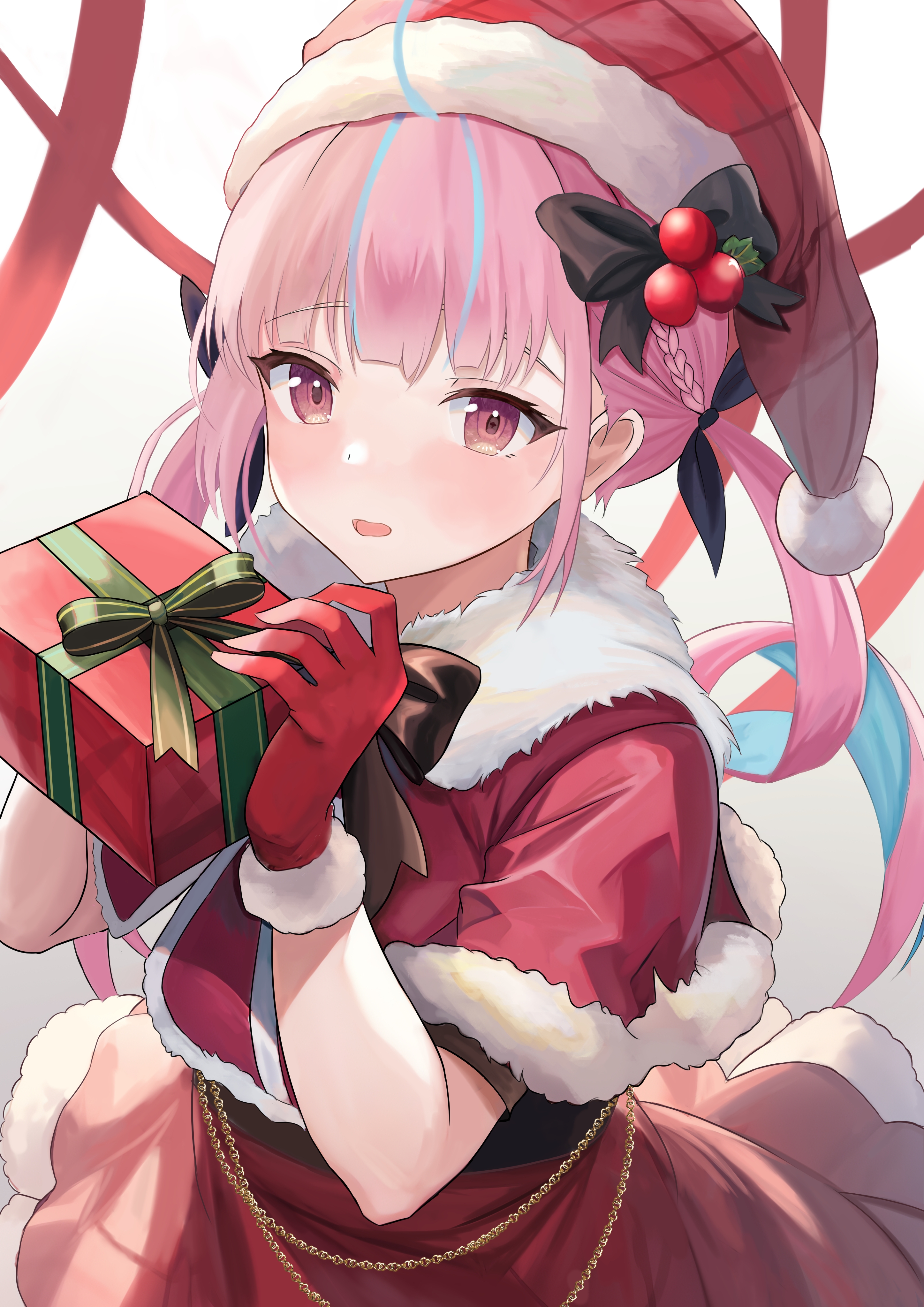 aisaka tisato, minato aqua, hololive, absurdres, highres, 1girl, aqua hair, belt, black belt, black bow, black ribbon, blush, bow, box, braid, capelet, christmas, curly hair, dress, fur-trimmed capelet, fur-trimmed dress, fur-trimmed headwear, fur trim, gift, gift box, gloves, hair bow, hair ribbon, hat, holding, holding box, holding gift, long hair, looking at viewer, mistletoe hair ornament, multicolored hair, open mouth, pink eyes, pink hair, red capelet, red dress, red gloves, red hat, red ribbon, ribbon, santa costume, santa dress, santa hat, solo, streaked hair, twintails, two-tone hair, virtual youtuber, white background