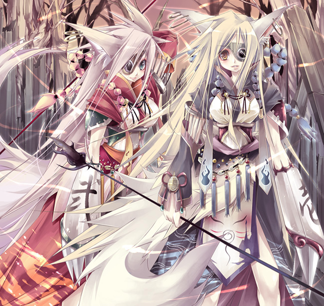 ta kaana, 2girls, animal ears, eyepatch, fox ears, japanese clothes, multiple girls, tail