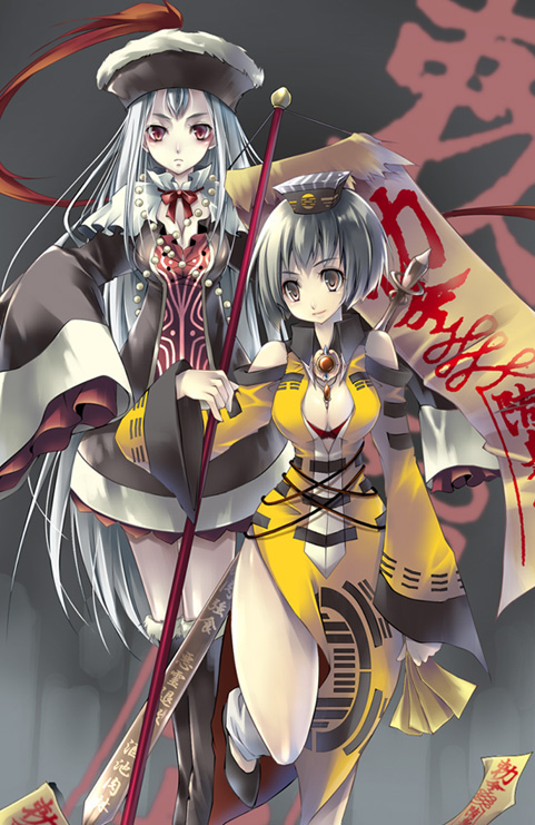 ta kaana, original, silver hair, 2girls, brown eyes, brown hair, japanese clothes, long hair, multiple girls, polearm, red eyes, short hair, sword, very long hair, weapon