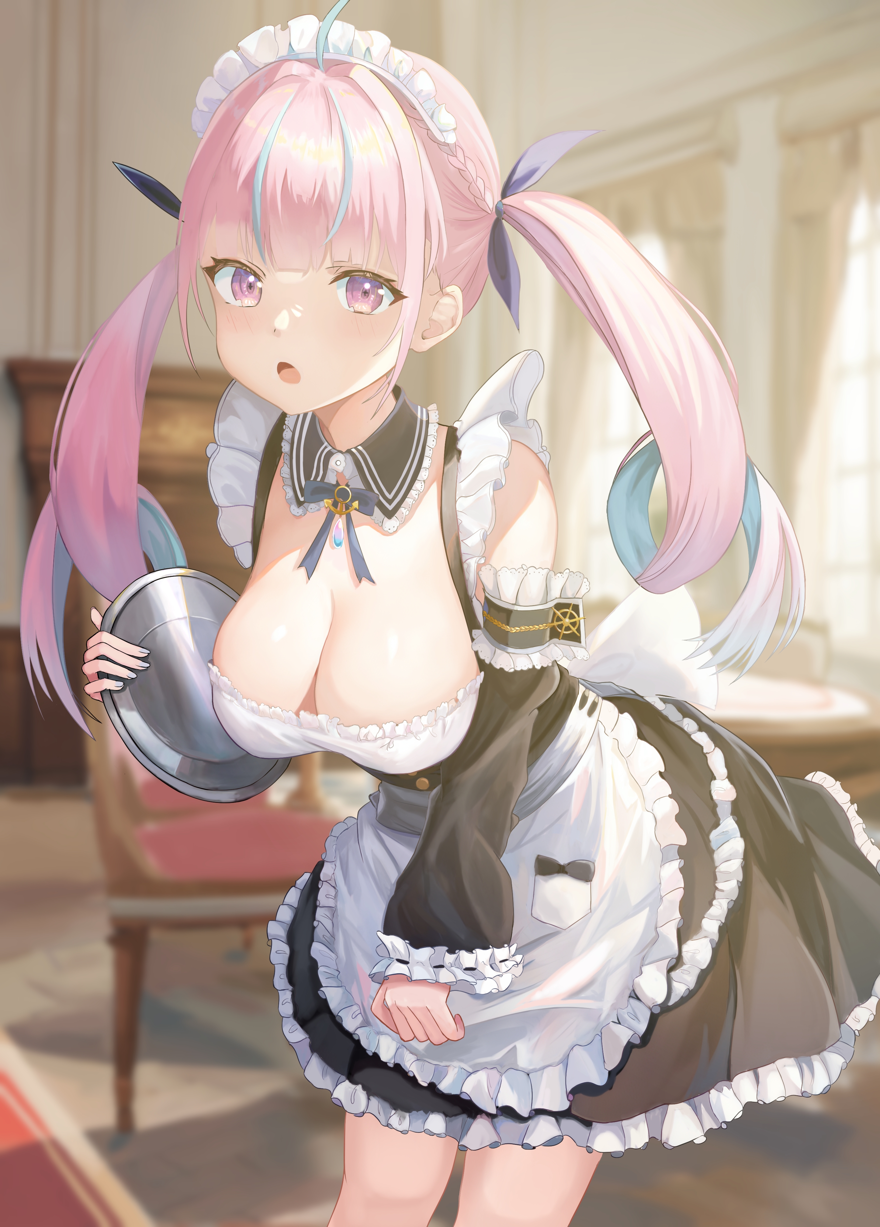 aisaka tisato, minato aqua, aquarium (visual novel), hololive, absurdres, highres, 1girl, :o, ahoge, anchor ornament, apron, aqua hair, black collar, black dress, black sleeves, blue gemstone, blue nails, blue ribbon, blurry, blurry background, blush, braid, breasts, chair, cleavage, collar, colored inner hair, curly hair, curtains, day, detached collar, detached sleeves, dress, fingernails, frilled apron, frilled collar, frilled dress, frilled sleeves, frills, gem, hair ribbon, holding, holding tray, indoors, large breasts, leaning forward, long hair, long sleeves, looking at viewer, maid apron, maid headdress, multicolored hair, nail polish, open mouth, pink eyes, pink gemstone, pink hair, purple ribbon, ribbon, sleeve garter, solo, streaked hair, tray, twintails, two-tone hair, underboob, virtual youtuber, waist apron, white apron