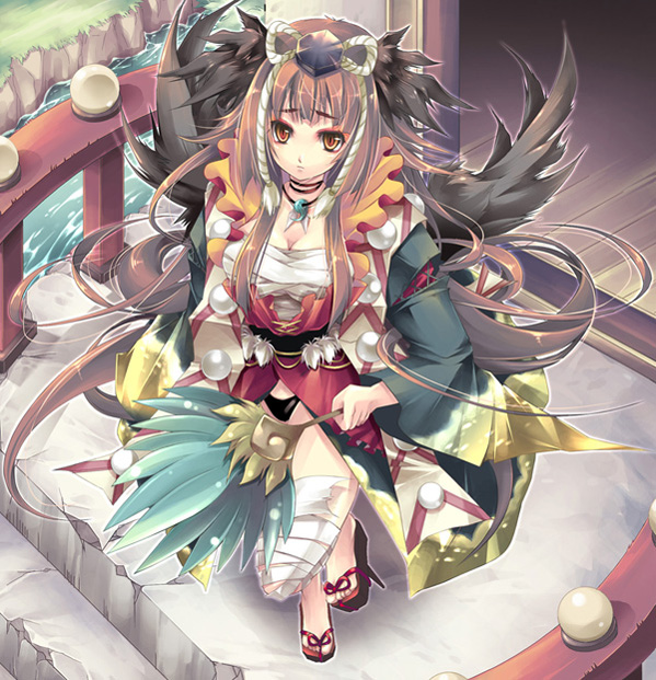 ta kaana, original, 1girl, bandaged leg, bandages, beads, black panties, black wings, breasts, bridge, brown eyes, brown hair, cleavage, female focus, from above, frown, geta, hand fan, hat, holding, japanese clothes, jewelry, leaf, long hair, magatama, necklace, panties, pom pom (clothes), sarashi, solo, stairs, tengu, tengu-geta, tokin hat, underwear, very long hair, water, wings, wooden floor