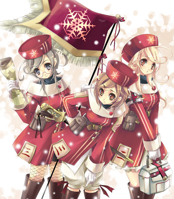 ta kaana, original, uniform, 3girls, fishnets, flag, glasses, hat, multiple girls, snow