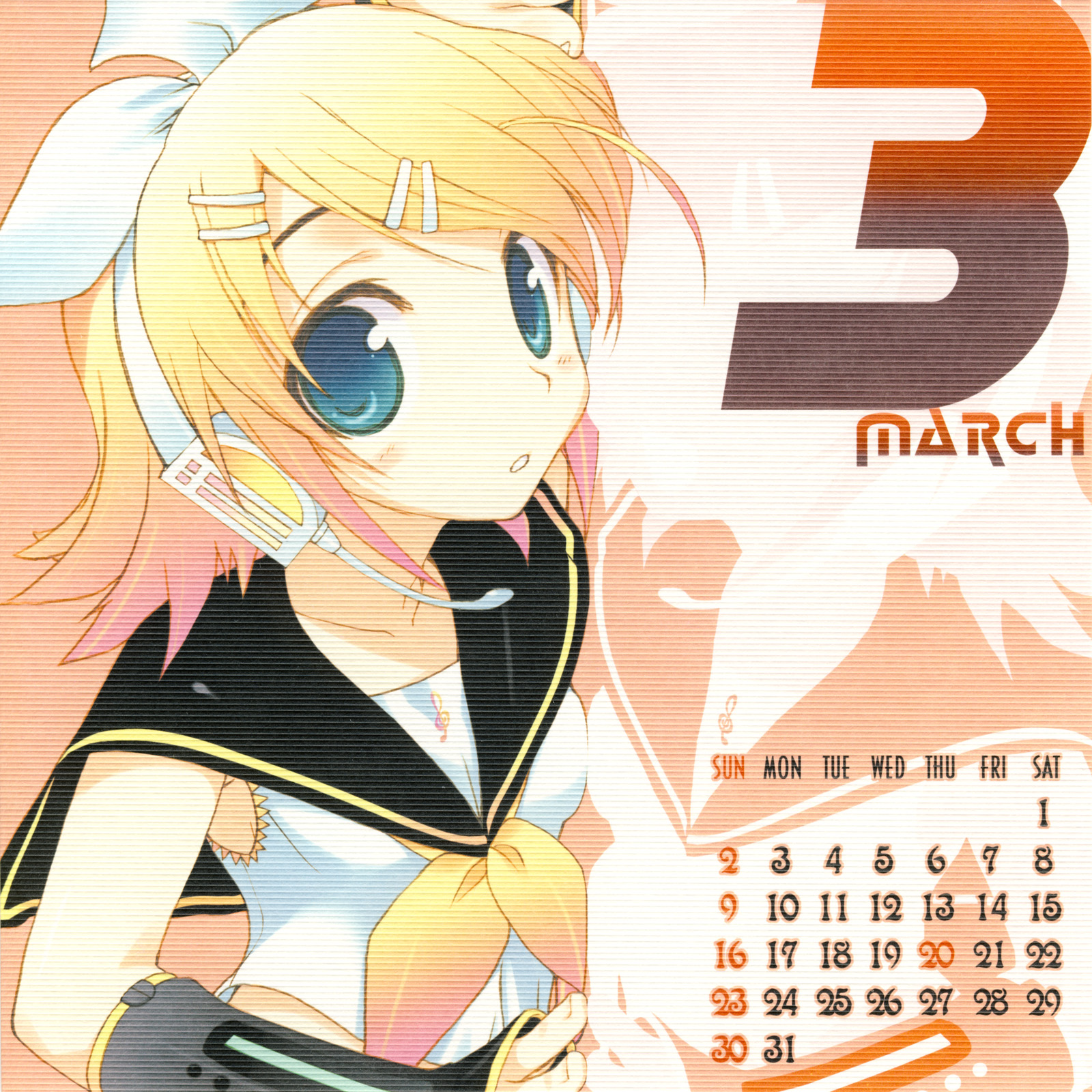 amazuyu tatsuki, kagamine rin, vocaloid, highres, 00s, 2008, blonde hair, blue eyes, calendar, headphones, march, microphone, short hair, solo