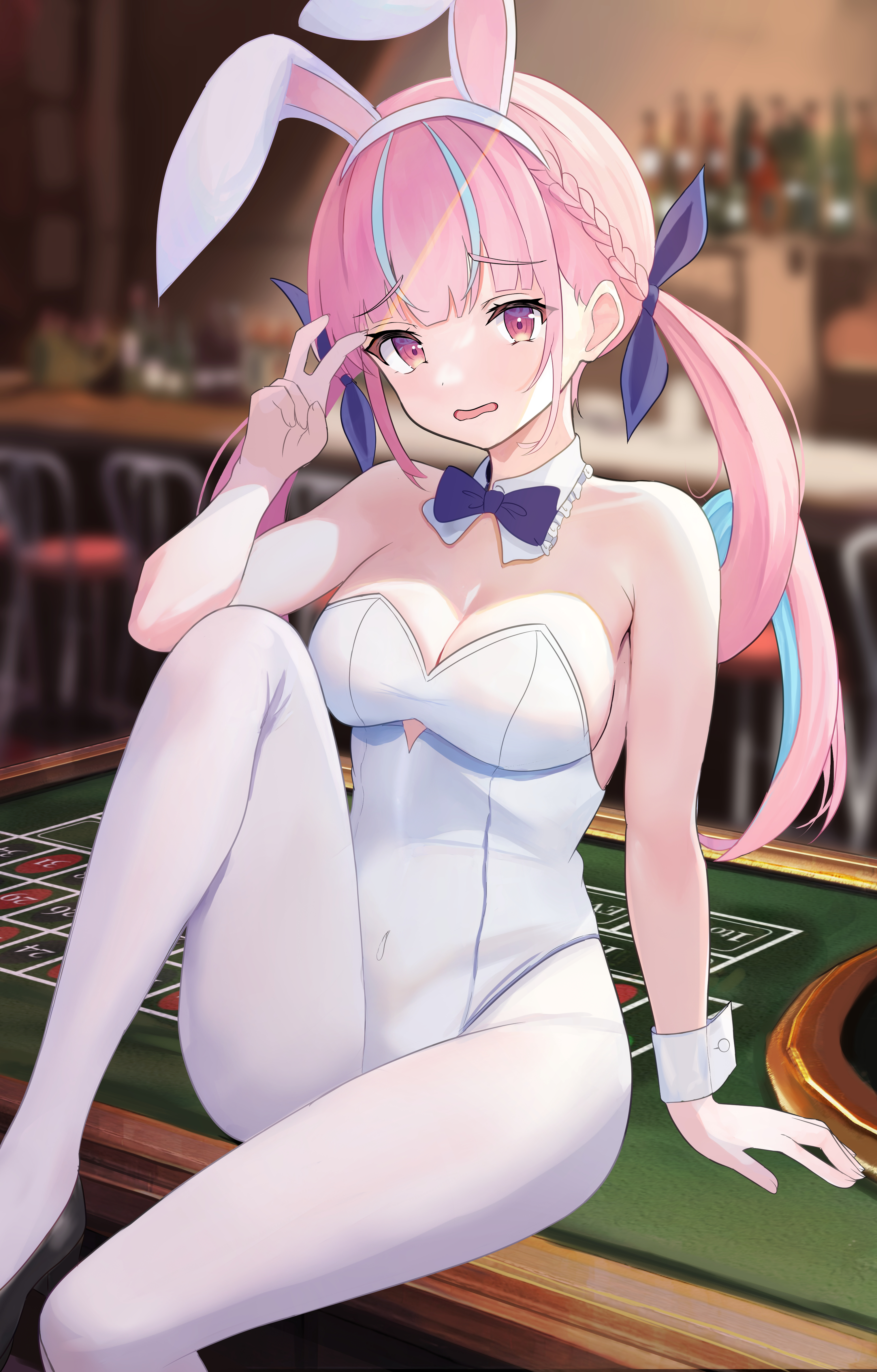 aisaka tisato, minato aqua, hololive, absurdres, highres, 1girl, animal ear hairband, animal ears, aqua hair, armpit crease, bare shoulders, black shoes, blurry, blurry background, blush, bottle, bow, bowtie, braid, breasts, casino, chair, cleavage, collar, colored inner hair, curly hair, detached collar, fake animal ears, frilled collar, frills, hair ribbon, hairband, large breasts, leotard, long hair, looking at viewer, multicolored hair, open mouth, pantyhose, pink eyes, pink hair, playboy bunny, poker table, purple bow, purple bowtie, purple ribbon, rabbit ear hairband, rabbit ears, ribbon, shoes, sitting, solo, strapless, strapless leotard, streaked hair, table, thighs, twintails, two-tone hair, v, virtual youtuber, white collar, white hairband, white leotard, white pantyhose, white wrist cuffs, wrist cuffs