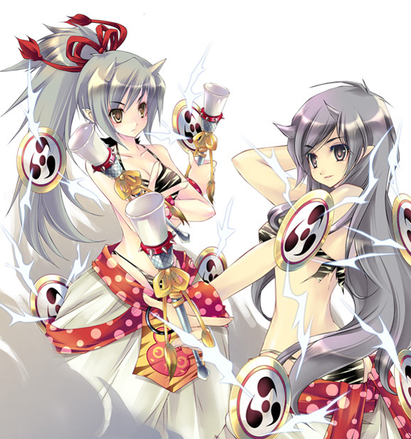 ta kaana, original, 2girls, arm up, back, bangle, bare shoulders, bikini, black hair, blush, bracelet, breasts, brown eyes, cleavage, closed mouth, collarbone, cowboy shot, electricity, grey hair, hair ribbon, hand in own hair, holding, horns, jewelry, lightning, long hair, looking at viewer, medium breasts, multiple girls, parted lips, pointy ears, polka dot, ponytail, red ribbon, ribbon, serious, simple background, smile, spikes, standing, striped bikini, striped clothes, swimsuit, tassel, very long hair, white background, yellow eyes