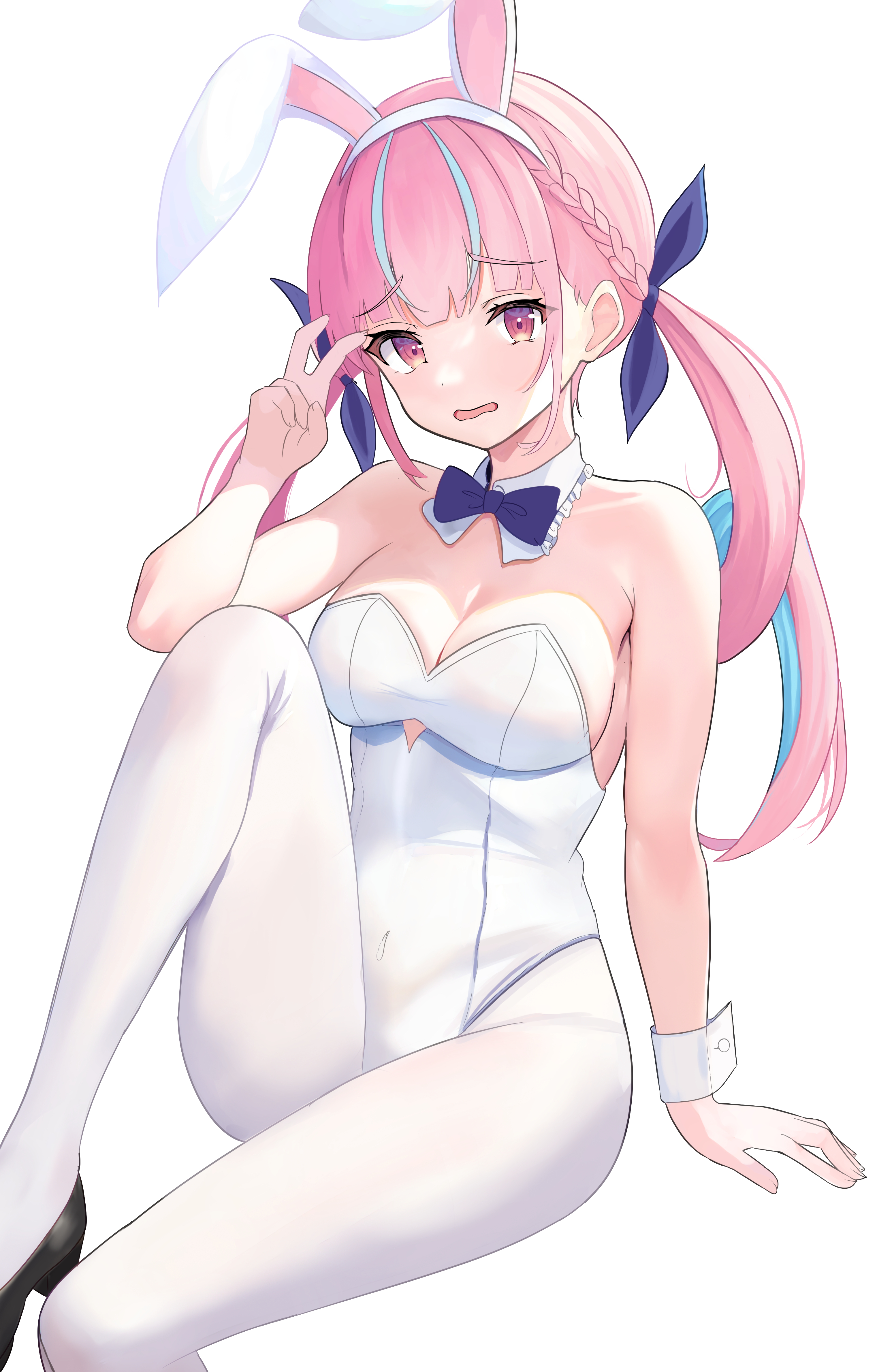 aisaka tisato, minato aqua, hololive, absurdres, highres, 1girl, animal ear hairband, animal ears, aqua hair, armpit crease, bare shoulders, black shoes, blush, bow, bowtie, braid, breasts, cleavage, collar, colored inner hair, curly hair, detached collar, fake animal ears, frilled collar, frills, hair ribbon, hairband, large breasts, leotard, long hair, looking at viewer, multicolored hair, open mouth, pantyhose, pink eyes, pink hair, playboy bunny, purple bow, purple bowtie, purple ribbon, rabbit ear hairband, rabbit ears, ribbon, shoes, simple background, solo, strapless, strapless leotard, streaked hair, thighs, twintails, two-tone hair, v, virtual youtuber, white background, white collar, white hairband, white leotard, white pantyhose, white wrist cuffs, wrist cuffs