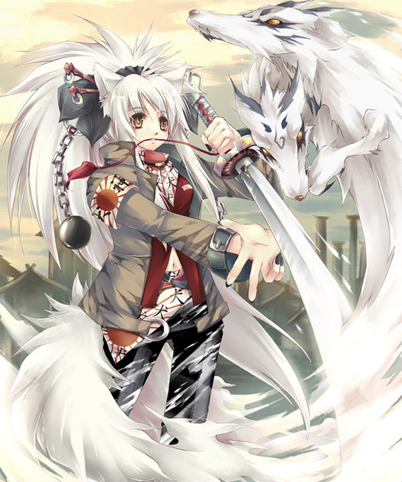 ta kaana, original, silver hair, 1girl, animal ears, female focus, long hair, mouth hold, pants, ponytail, solo, sword, tail, weapon, wolf ears, wolf tail, yellow eyes