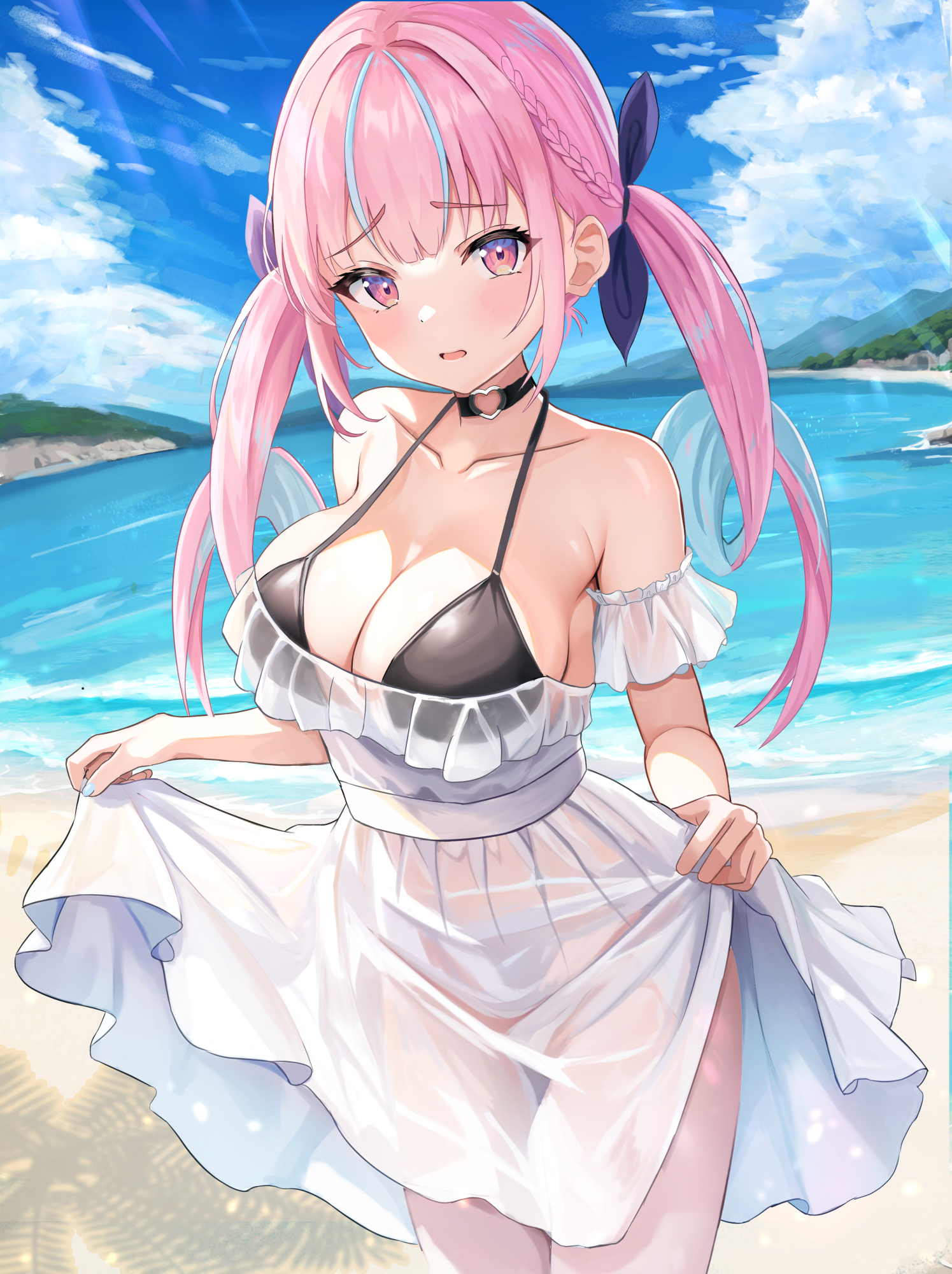 aisaka tisato, minato aqua, hololive, highres, 1girl, aqua hair, aqua nails, bare shoulders, beach, bikini, black bikini, black choker, blue sky, blush, braid, breasts, choker, cloud, cloudy sky, collarbone, curly hair, day, dress, fingernails, hair ribbon, heart, heart choker, heart o-ring, large breasts, long hair, looking at viewer, multicolored hair, nail polish, o-ring, o-ring choker, ocean, open mouth, outdoors, pink eyes, pink hair, purple ribbon, ribbon, sand, skirt hold, sky, solo, streaked hair, swimsuit, thighs, twintails, two-tone hair, virtual youtuber, white dress