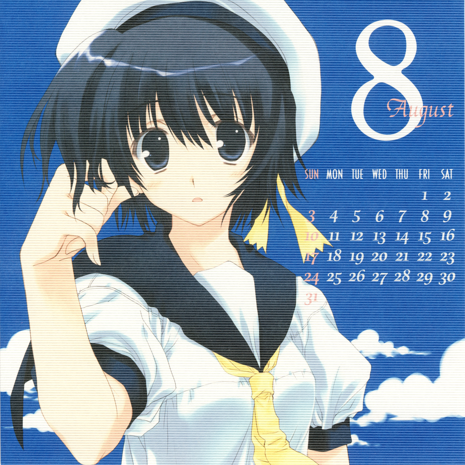 mitsumi misato, original, highres, 00s, 2008, august, black hair, calendar, hat, short hair, sky, solo