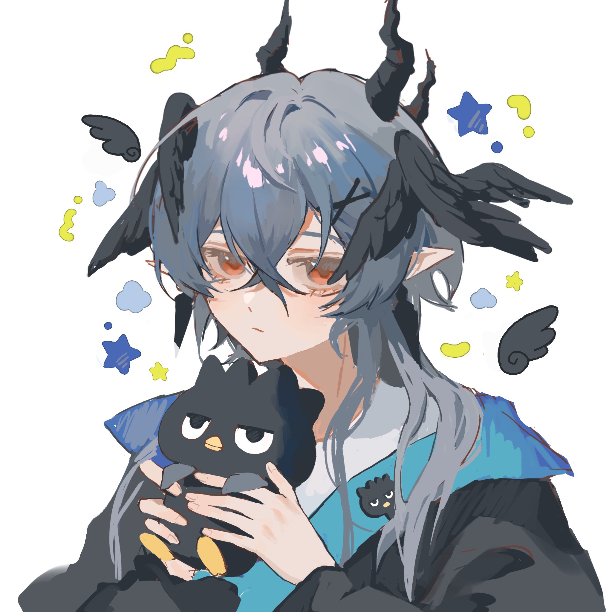 badtz-maru, logos (arknights), arknights, sanrio, highres, 1boy, bird, black jacket, closed mouth, demon horns, grey hair, hair between eyes, hair ornament, head wings, holding, horns, jacket, long hair, long sleeves, looking at viewer, male focus, orange eyes, penguin, pointy ears, shirt, solo, upper body, white background, white shirt, wings, x hair ornament, xinglida208
