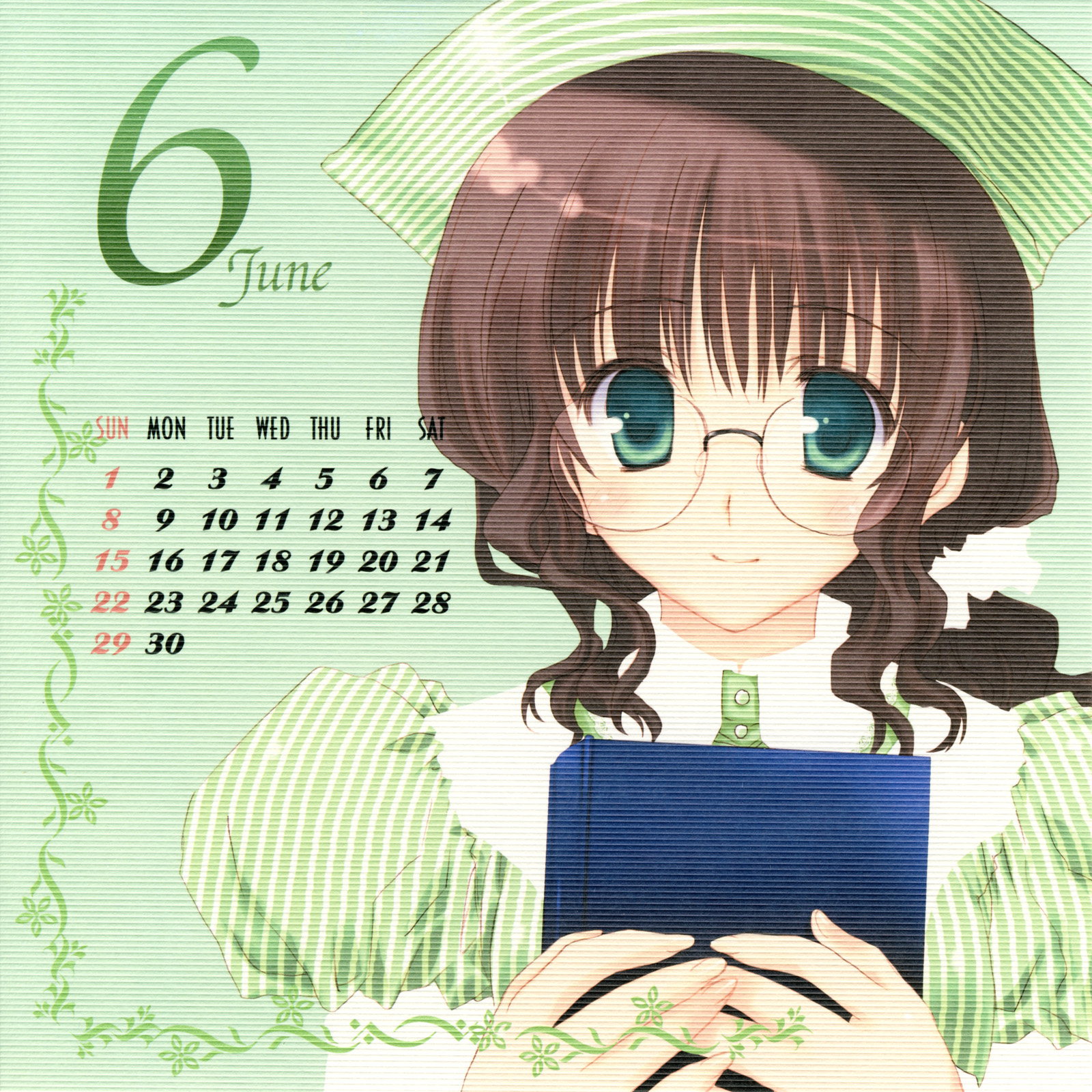 mitsumi misato, original, highres, 00s, 1girl, 2008, blue eyes, blush, book, brown hair, calendar, dress, female focus, glasses, green background, green dress, green hat, hat, holding, june, looking at viewer, puffy sleeves, short hair, short sleeves, smile, solo, striped clothes, striped dress