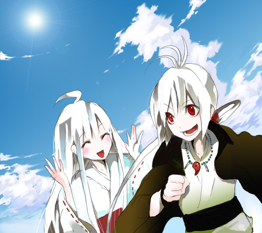 palmeros, original, 1boy, 1girl, ahoge, albino, cloud, day, japanese clothes, jewelry, lens flare, long hair, necklace, pale skin, red eyes, sky, smile, white hair