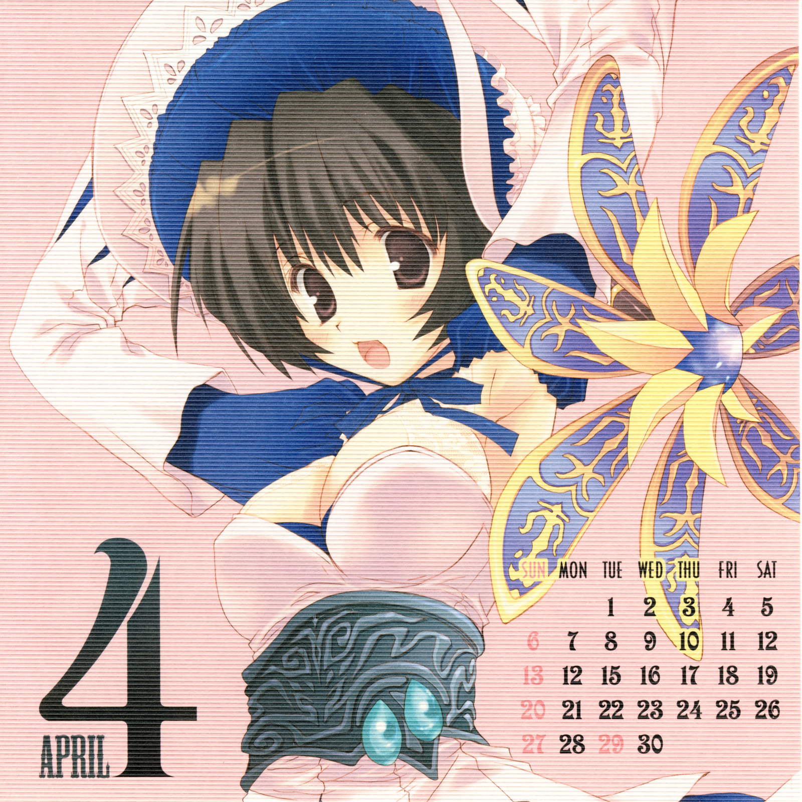 mitsumi misato, fantasy earth zero, blue neckwear, white headwear, highres, 00s, 1girl, 2008, april, blush, bonnet, bow, bowtie, breasts, brown eyes, brown hair, calendar, cleavage, detached sleeves, dress, flower, hat, long sleeves, looking at viewer, medium breasts, open mouth, pink background, short hair, smile, standing, strapless, strapless dress, white dress