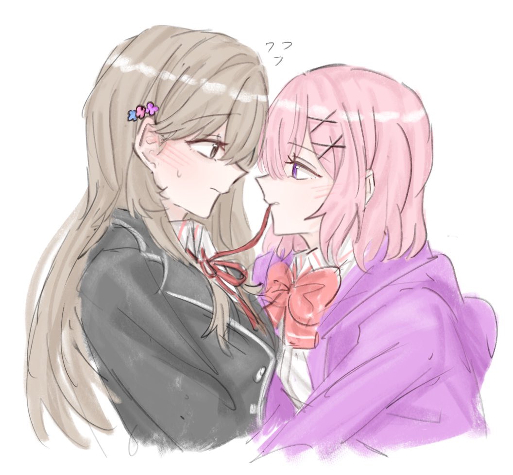 amaori renako, sena ajisai, watashi ga koibito ni nareru wake naijan murimuri!, commentary, hashtag-only commentary, 2girls, black jacket, blazer, blush, bow, bowtie, brown hair, collared shirt, eye contact, fen (sef fen), flying sweatdrops, jacket, long hair, looking at another, medium hair, mouth hold, multiple girls, neck ribbon, pink hair, purple jacket, red bow, red bowtie, red ribbon, ribbon, ribbon in mouth, shirt, simple background, sweat, white background, white shirt, yuri