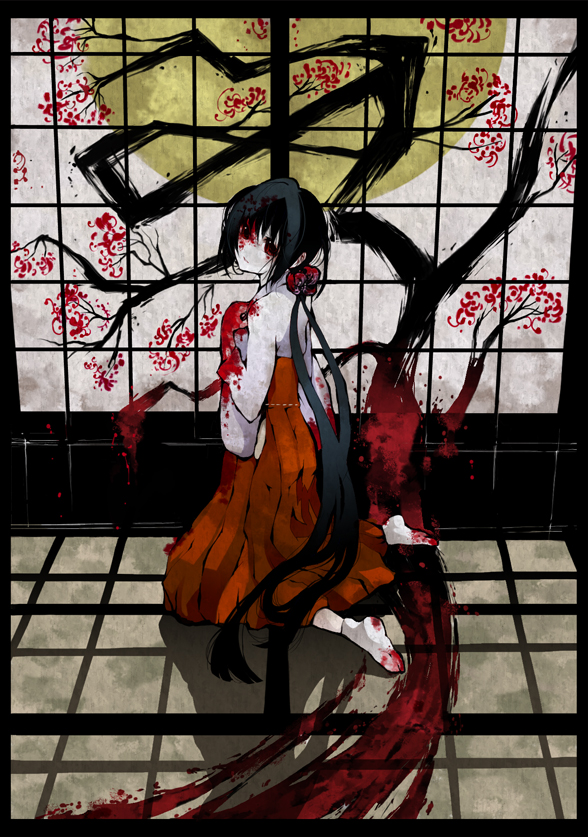 palmeros, original, 1girl, blood, female focus, hakama, hakama skirt, japanese clothes, long hair, miko, red eyes, red hakama, skirt, solo, tree