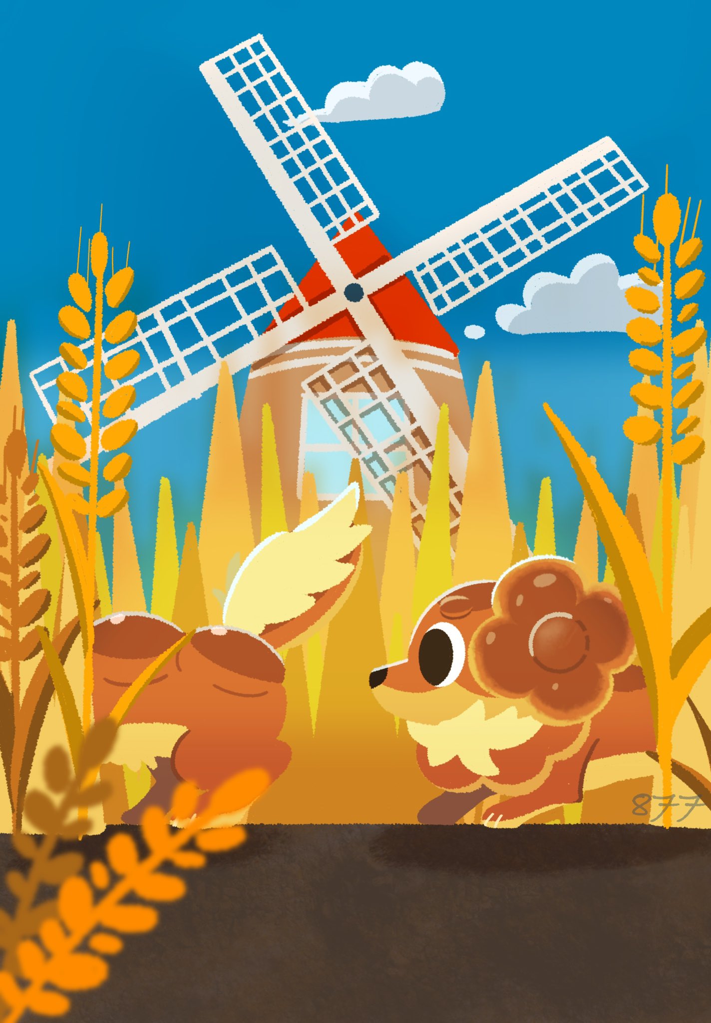 iltuki, dachsbun, nintendo, pokemon, highres, animal focus, blue sky, bread, cloud, croissant, dog, food, food as ears, no humans, outdoors, pokemon (creature), pokemon focus, sky, tail, wheat, wheat field, windmill