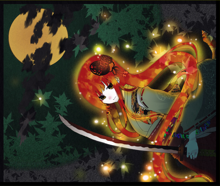 palmeros, original, japanese clothes, leaf, long hair, moon, solo, sword, weapon