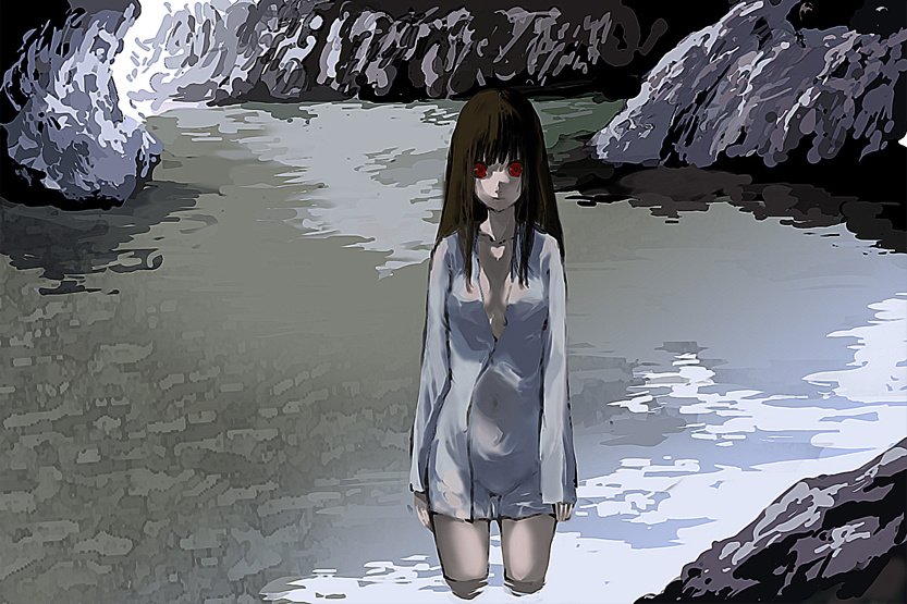 palmeros, enma ai, jigoku shoujo, original, 00s, 1girl, creepy, female focus, horror (theme), looking at viewer, naked shirt, no panties, red eyes, see-through clothes, shirt, solo, staring, water, wet