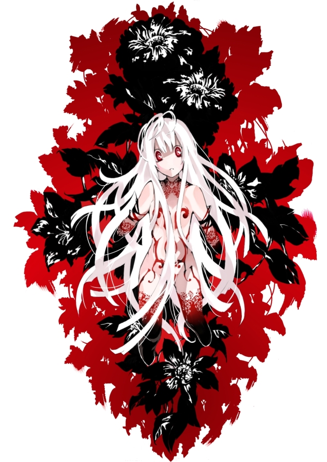 palmeros, original, 1girl, albino, bodypaint, censored, convenient censoring, female focus, flower, long hair, naked paint, nude, red eyes, solo, white hair