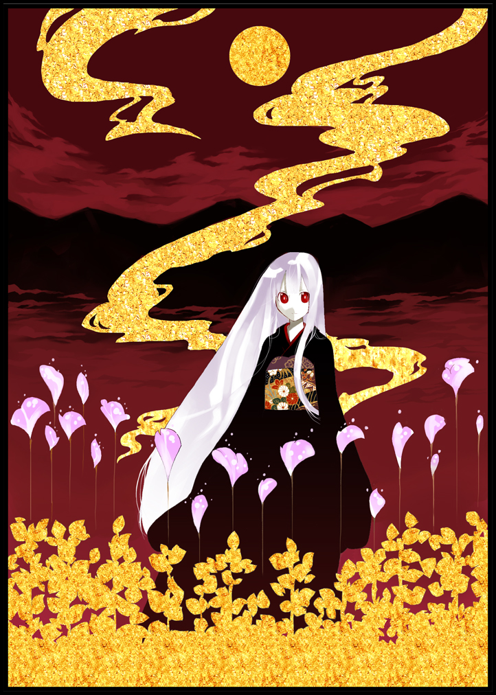 palmeros, original, silver hair, flower, japanese clothes, long hair, red eyes, solo
