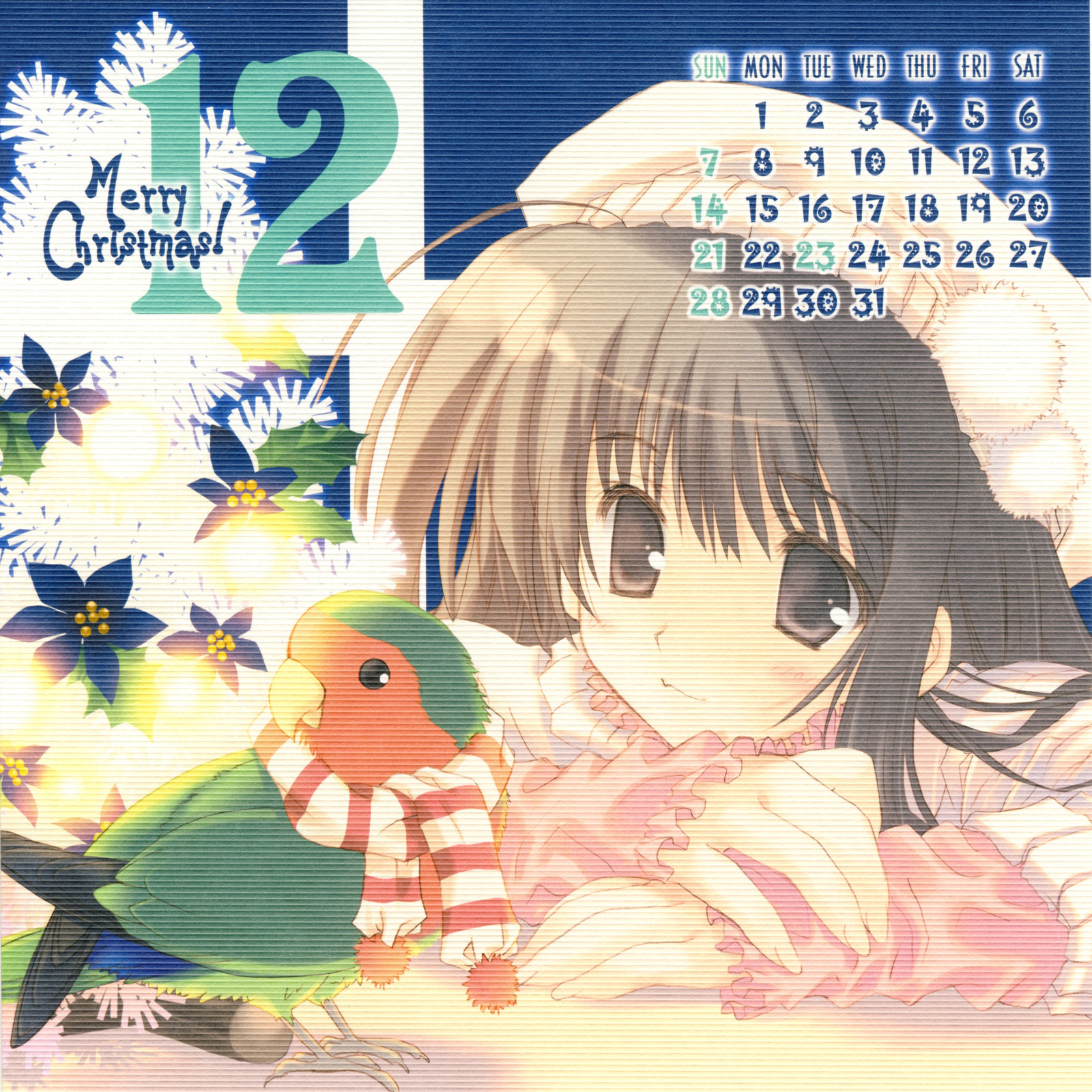 mitsumi misato, original, highres, 00s, 2008, bird, brown eyes, brown hair, calendar, christmas, december, hat, solo