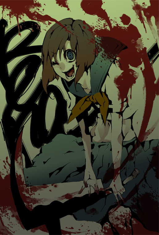 palmeros, ryuuguu rena, higurashi no naku koro ni, 00s, 1girl, billhook, blood, bow, brown hair, crazy, crazy eyes, female focus, hair bow, hashitsuki nata, hatchet, nata (tool), one eye closed, open mouth, school uniform, serafuku, short hair, skirt, solo, weapon, wink