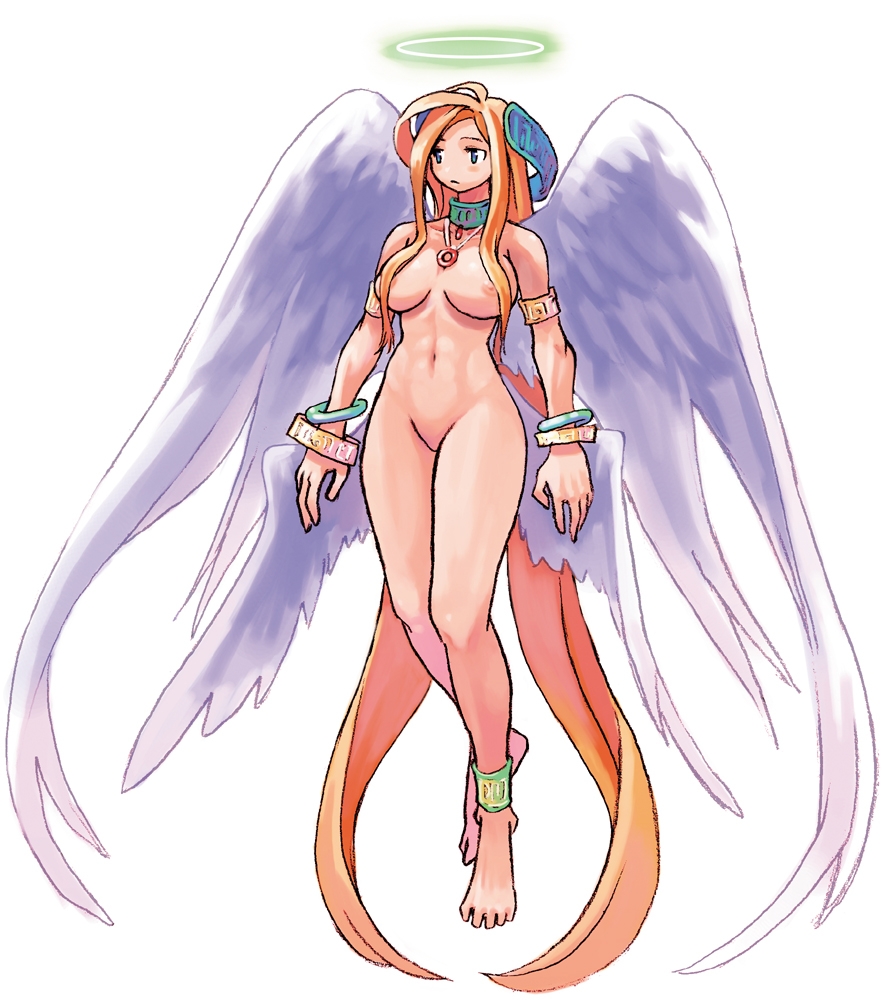 ryoji (nomura ryouji), poitreene, la pucelle, 1girl, absurdly long hair, anklet, barefoot, breasts, collar, feet, female focus, full body, halo, jewelry, large breasts, long hair, nipples, nude, orange hair, simple background, solo, standing, very long hair, white background, wings